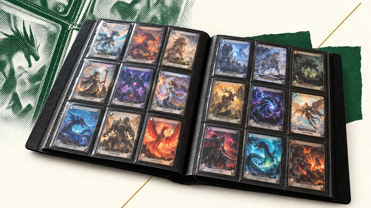Editorial collage of an open binder of illustrated trading cards