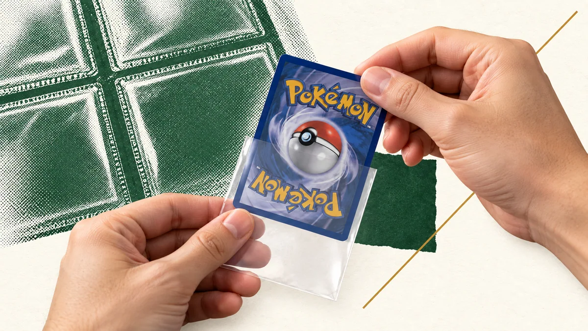 Editorial collage of hands placing a card in a clear protective sleeve