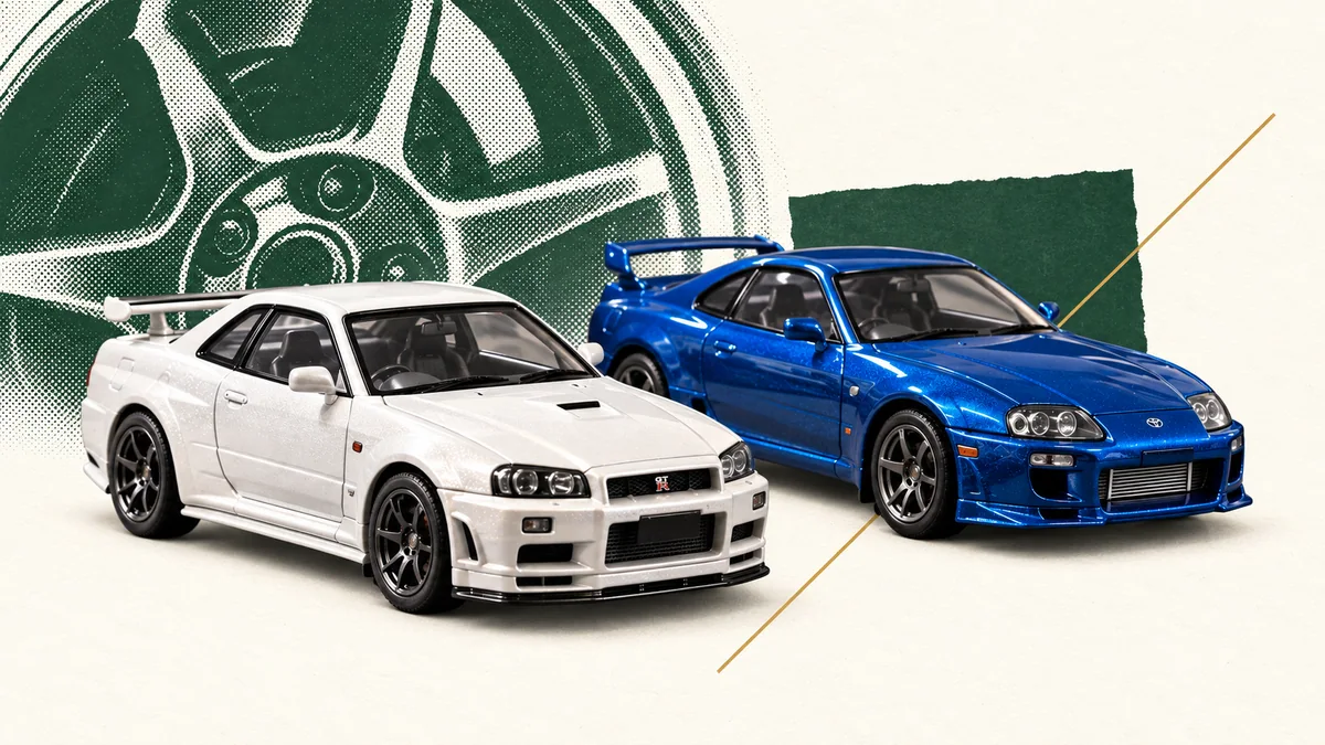 Editorial collage of white and blue diecast cars
