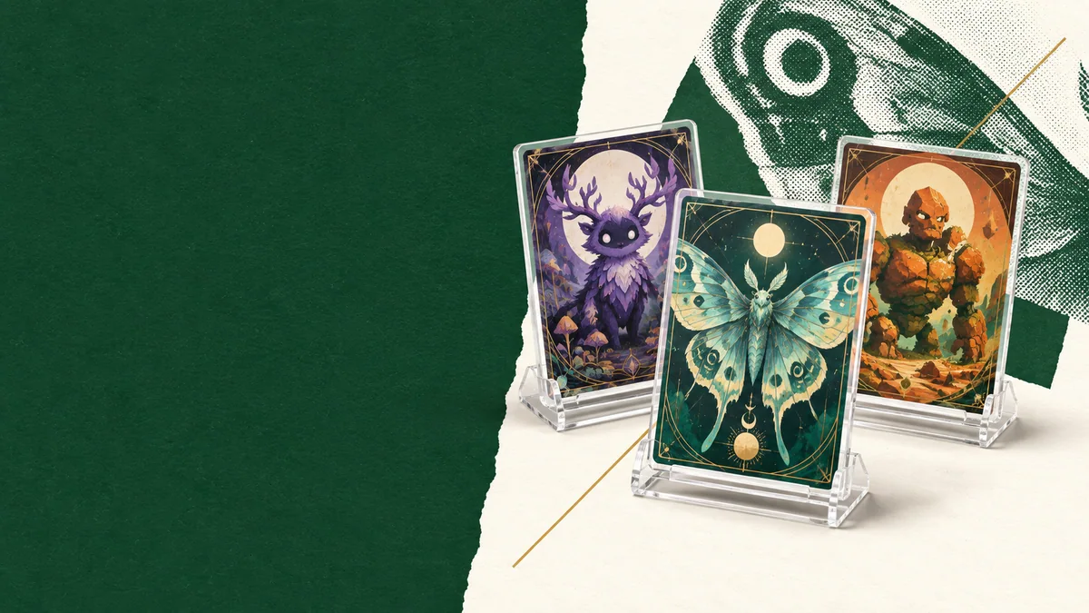 Editorial collage of illustrated fantasy cards in clear holders
