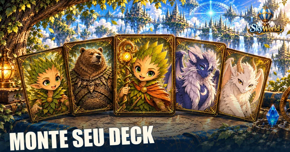 Sky World character cards on a deck-building table, with a city among the clouds in the background.