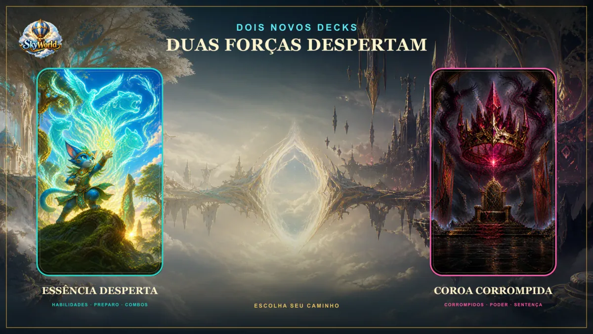 Essência Desperta and Coroa Corrompida before two celestial kingdoms of Sky World
